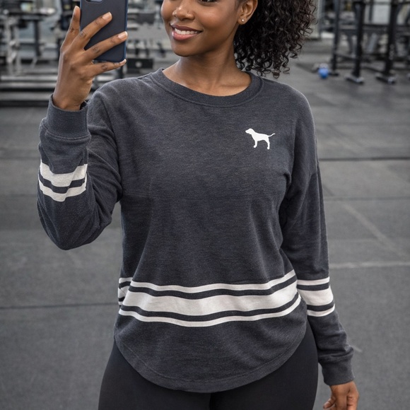 Victoria's Secret Tops - Victoria's Secret Charcoal Gray light weight Sweatshirt with White Stripes s